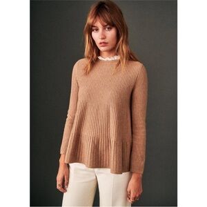 Sezane Apolline Ribbed Lace Trim Jumper Sweater in Camel